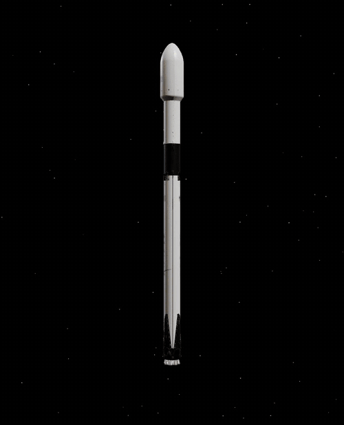 Explore mode with the Falcon 9 exploded into its parts, engine power at 100% and nine engine plumes under the booster.