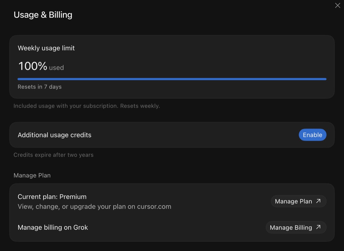 Grok Bot Usage and Billing: weekly usage limit 100% used, Premium plan.